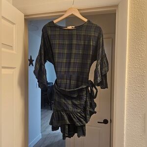 Plaid Long Sleeve Dress with Ruffle Hem